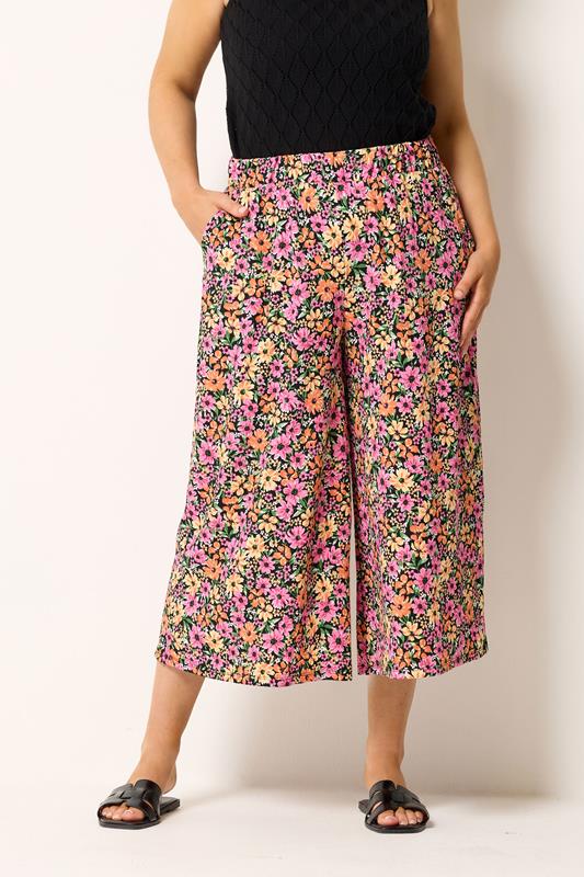 YOURS Plus Size Pink & Orange Floral Culottes | Yours Clothing 1