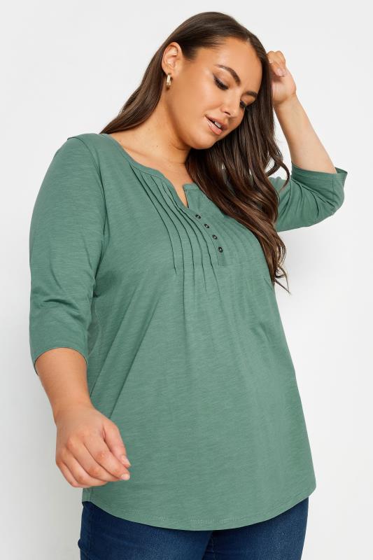Plus Size  YOURS Curve Green Pintuck Henley T-Shirt