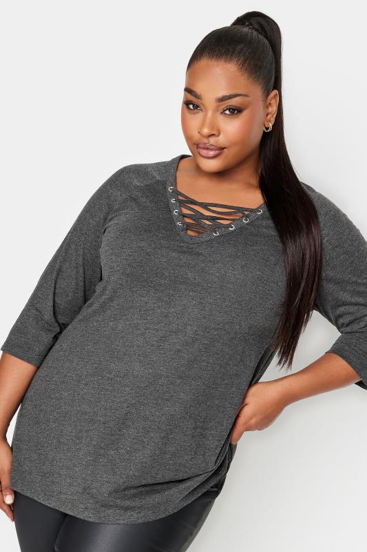 YOURS Plus Size Grey Lace Up Eyelet Top | Yours Clothing 1