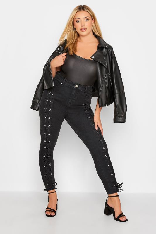 Plus Size Black Lace Up Skinny Stretch AVA Jeans | Yours Clothing 2