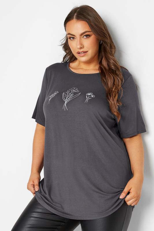 LIMITED COLLECTION Plus Size Grey Floral Illustration Print T-Shirt | Yours Clothing 1