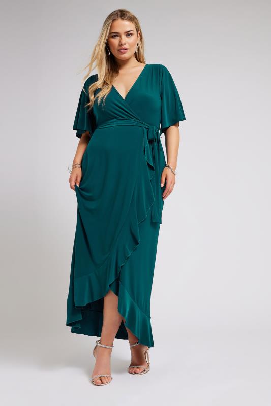 Plus Size  YOURS LONDON Curve Green Ruffle Hem Wrap Dress