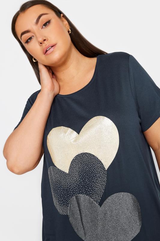 YOURS Curve Plus Size Navy Blue Glitter Heart Print T-Shirt | Yours Clothing  4