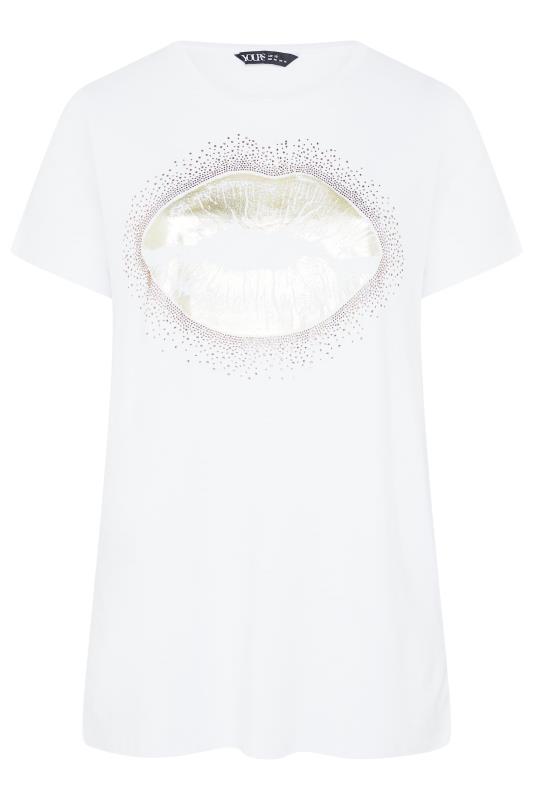 YOURS Plus Size White Lips Foil Print Embellished T-Shirt | Yours Clothing 6