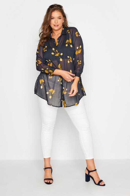 Plus Size Black Floral Print Button Through Shirt | Yours Clothing 3