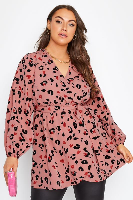 Curve Pink Leopard Print Balloon Sleeve Wrap Top | Yours Clothing 1