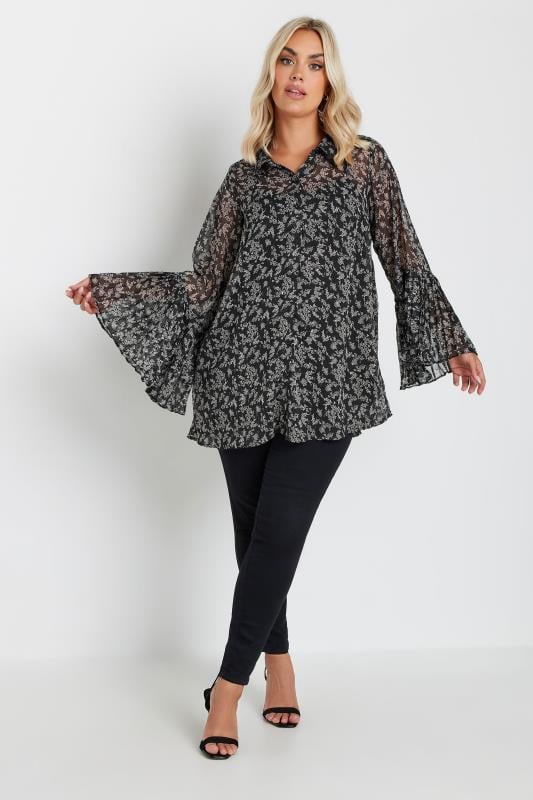 YOURS Plus Size Black Leaf Print Flared Sleeve Shirt | Yours Clothing 2