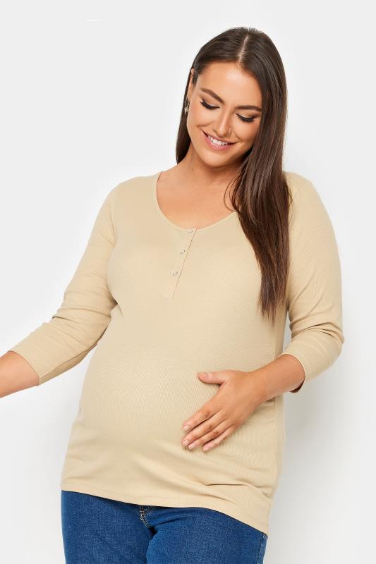 Plus Size  BUMP IT UP MATERNITY Curve Beige Brown Ribbed Popper Fastening Top