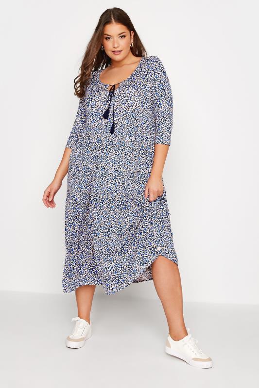 Plus Size Blue Ditsy Print Tiered Midi Dress | Yours Clothing 1