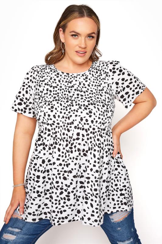 Plus Size  White Dalmatian Print Shirred Top