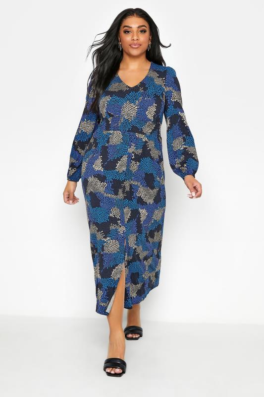 Plus Size  YOURS LONDON Blue Spot Print Shirred Waist Maxi Dress