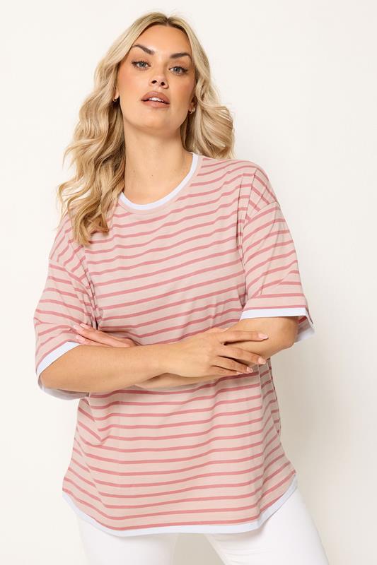  YOURS Curve Pink Stripe 2-In-1 Boxy T-Shirt