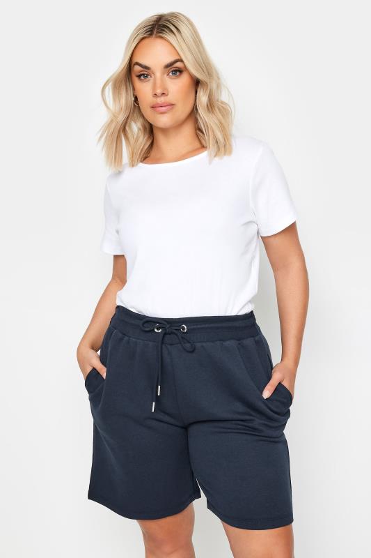 YOURS Plus Size Navy Blue Elasticated Jogger Shorts | Yours Clothing 1