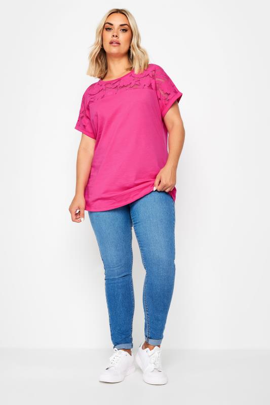 YOURS Plus Size Pink Floral Mesh Panel T-Shirt | Yours Clothing 2