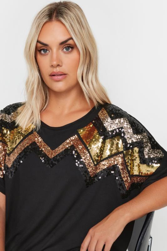 YOURS Plus Size Black Sequin Embellished Short Sleeve T-Shirt | Yours Clothing 4