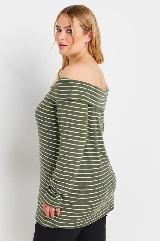 YOURS Plus Size Green Stripe Long Sleeve Bardot Top | Yours Clothing 3