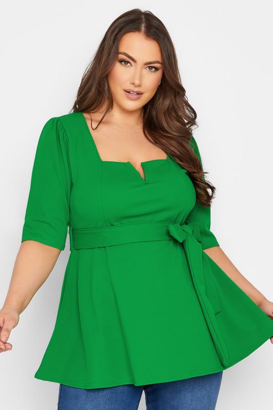 Plus Size  YOURS LONDON Curve Green Notch Neck Belted Peplum Top