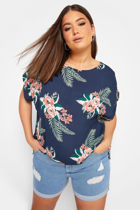 YOURS Plus Size Navy Blue Tropical Print Zip Back Oversized Top | Yours Clothing 1