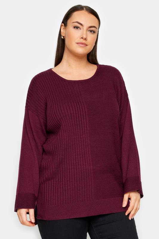 Plus Size  Avenue Purple Contrast Stitch Knitted Jumper