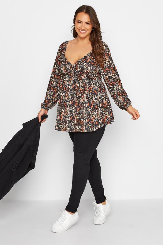 Plus Size BUMP IT UP MATERNITY Black Floral Wrap Top | Yours Clothing 2
