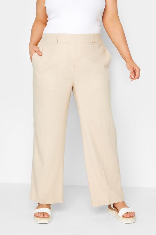 YOURS Plus Size Beige Brown Linen Blend Wide Leg Trousers | Yours Clothing  1
