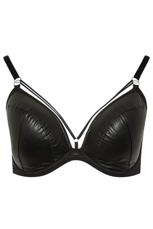 Plus Size Black Faux Leather Strap Detail Padded Underwired Plunge Bra | Yours Clothing 4