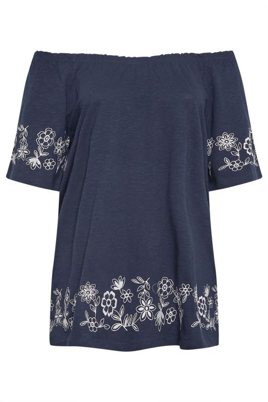 YOURS Plus Size Navy Blue Embroidered Detail Bardot Top | Yours Clothing 6