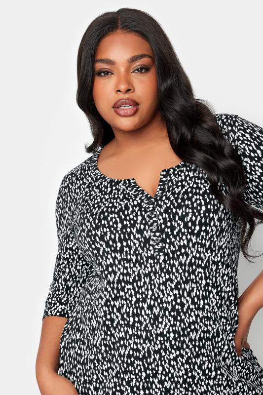 YOURS Plus Size Black Animal Markings Print Henley T-Shirt | Yours Clothing