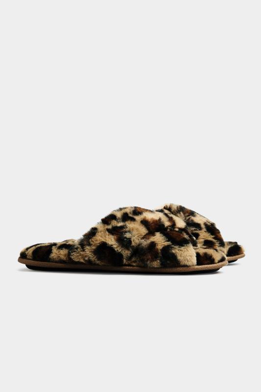 Plus Size Brown Leopard Print Vegan Faux Fur Cross Strap Slippers In Standard D Fit | Yours Clothing 4