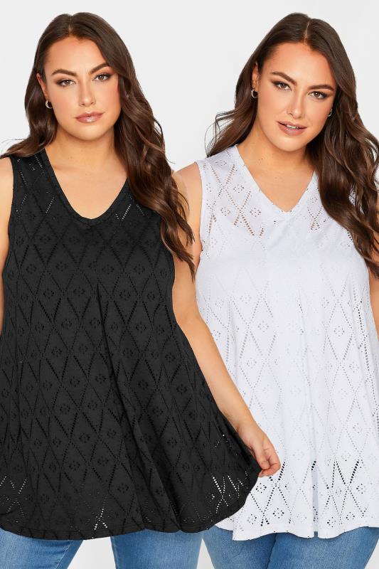 YOURS Curve 2 PACK Plus Size Black Broderie Swing Vest Top | Yours Clothing  1