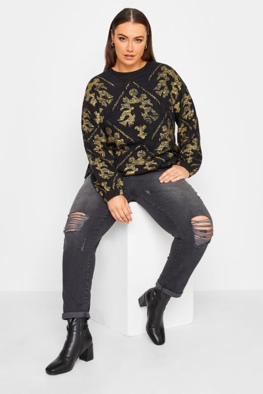 YOURS LUXURY Plus Size Curve Black & Gold Filigree Print Soft Touch Jumper | Yours Clothing 2