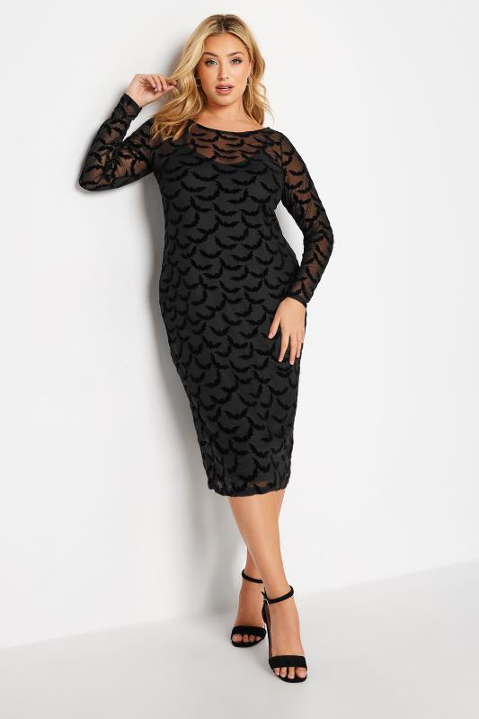  Grande Taille YOURS LONDON Curve Black Halloween Flocked Mesh Bodycon Dress