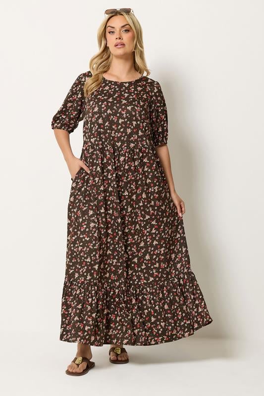  YOURS Curve Brown Ditsy Floral Smock Maxi Dress