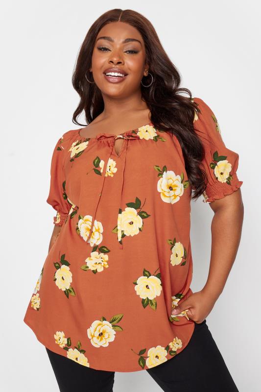 Plus Size  YOURS Curve Rust Orange Floral Print Gypsy Top