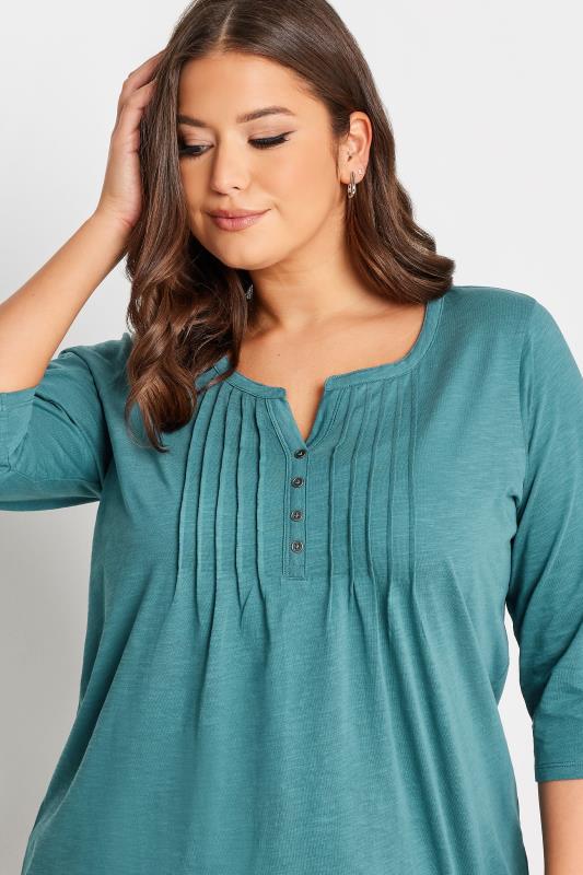 YOURS Plus Size Teal Blue Pintuck Henley T-Shirt | Yours Clothing 4