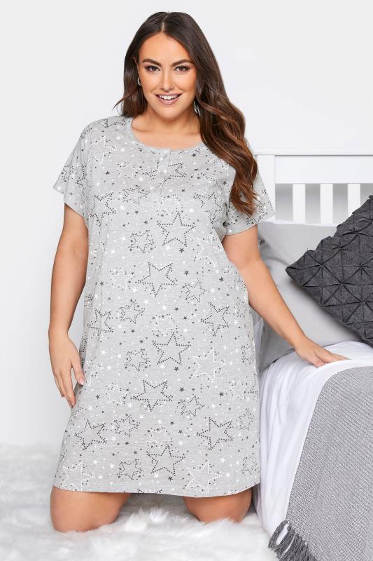 Plus Size Grey Star Print Placket Nightdress | Yours Clothing  1