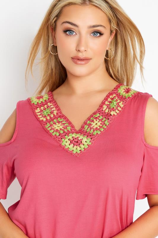 Plus Size Pink Crochet Neckline Cold Shoulder Top | Yours Clothing 4