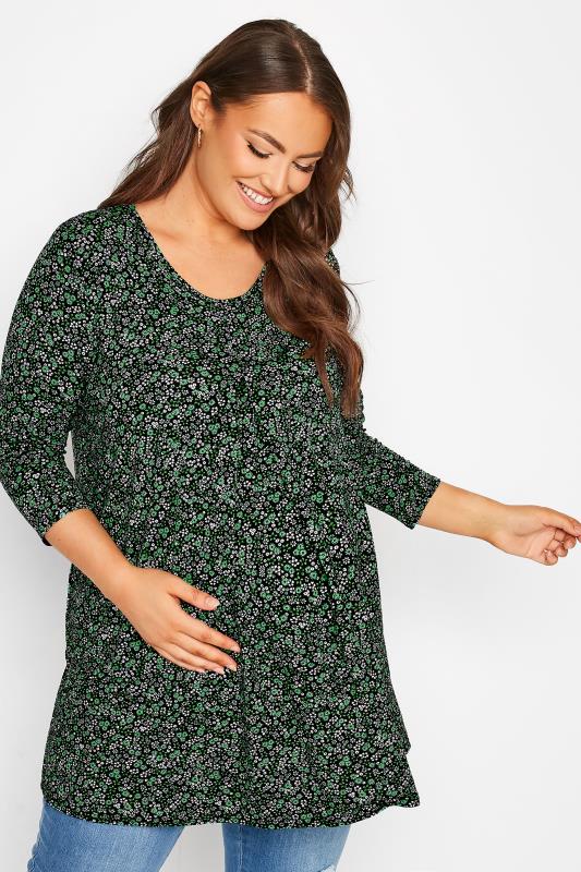 Plus Size  BUMP IT UP MATERNITY Curve Black & Green Ditsy Pleat Front Top