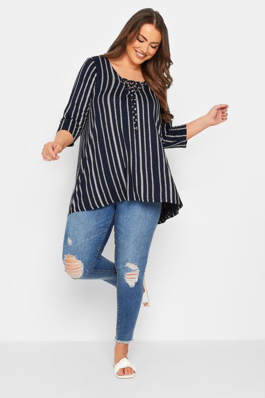 Plus Size Navy Blue Eyelet Detail Top | Yours Clothing 2