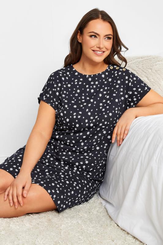 YOURS Plus Size Navy Blue Daisy Print Button Nightdress | Yours Clothing 1