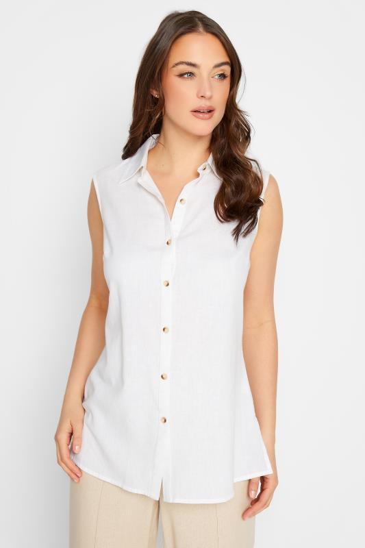 LTS Tall Women's White Sleeveless Linen Shirt | Long Tall Sally  1