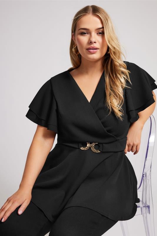 YOURS LONDON Plus Size Black Buckle Detail Peplum Top | Yours Clothing 1