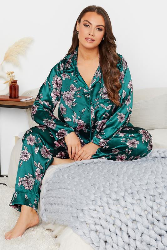 Plus Size  Curve Emerald Green Floral Print Satin Pyjama Set