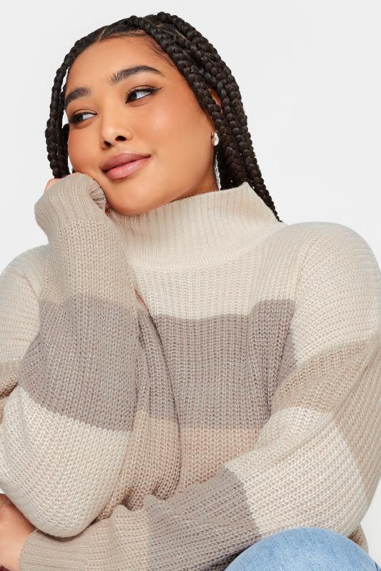 YOURS Plus Size Beige Brown Stripe High Neck Knitted Jumper | Yours Clothing 5