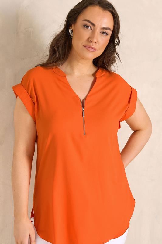  EVANS Curve Orange Zip Front Blouse