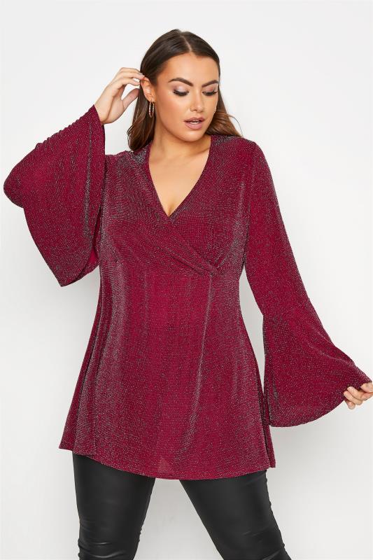 Plus Size  LIMITED COLLECTION Wine Red Glitter Flare Sleeve Wrap Top