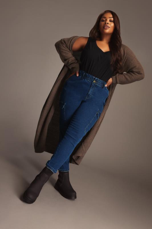 YOURS Curve Plus Size Dark Blue Cargo Mom Jeans | Yours Clothing  1