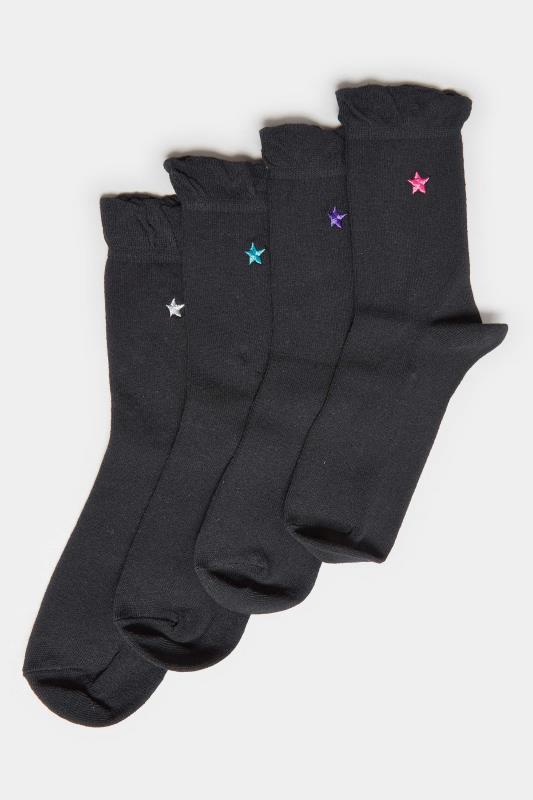 4 PACK Black Embroidered Star Ankle Socks | Yours Clothing 2