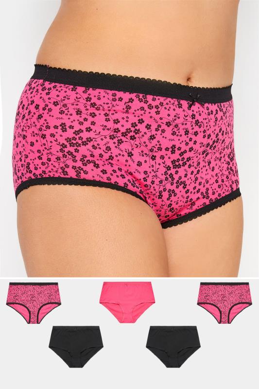 Plus Size 5 PACK Pink & Black Floral Print High Waisted Full Briefs | Yours Clothing  1