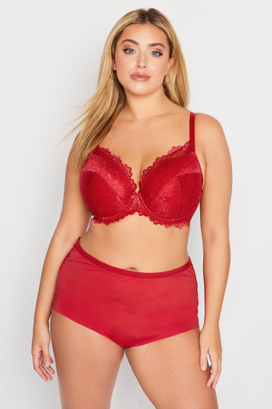 Red Lace Padded Underwired Plunge Bra | Yours Clothing 2